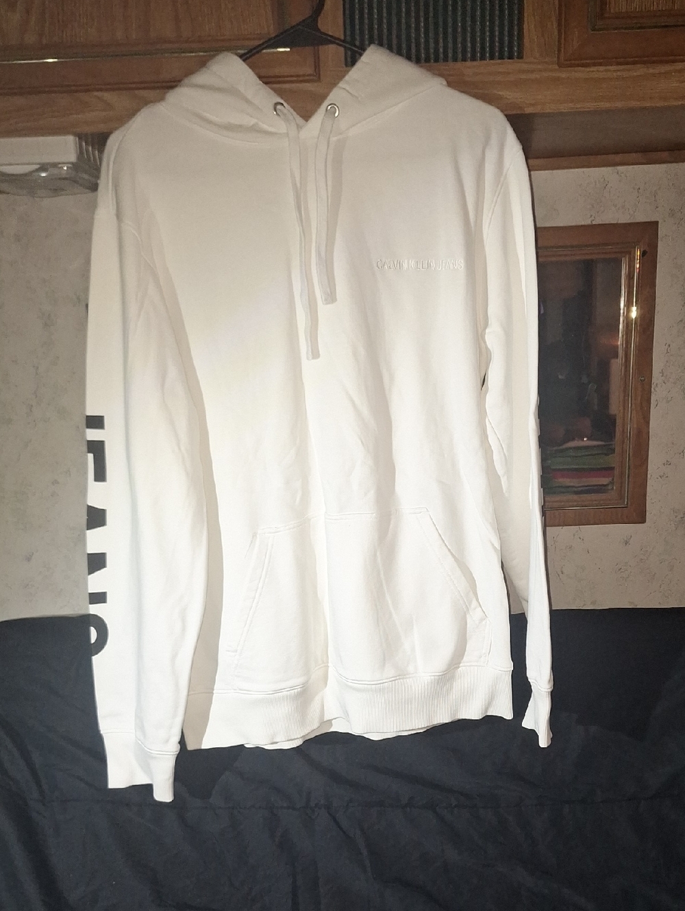 Calvin Klein Jeans White Pullover Hoodie with Sleeve Logo